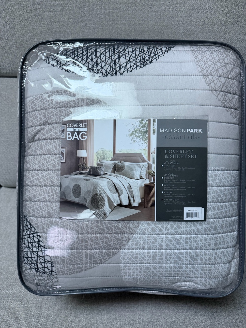 Madison Park Gray Quilted Geometric Coverlet & Sheet Set